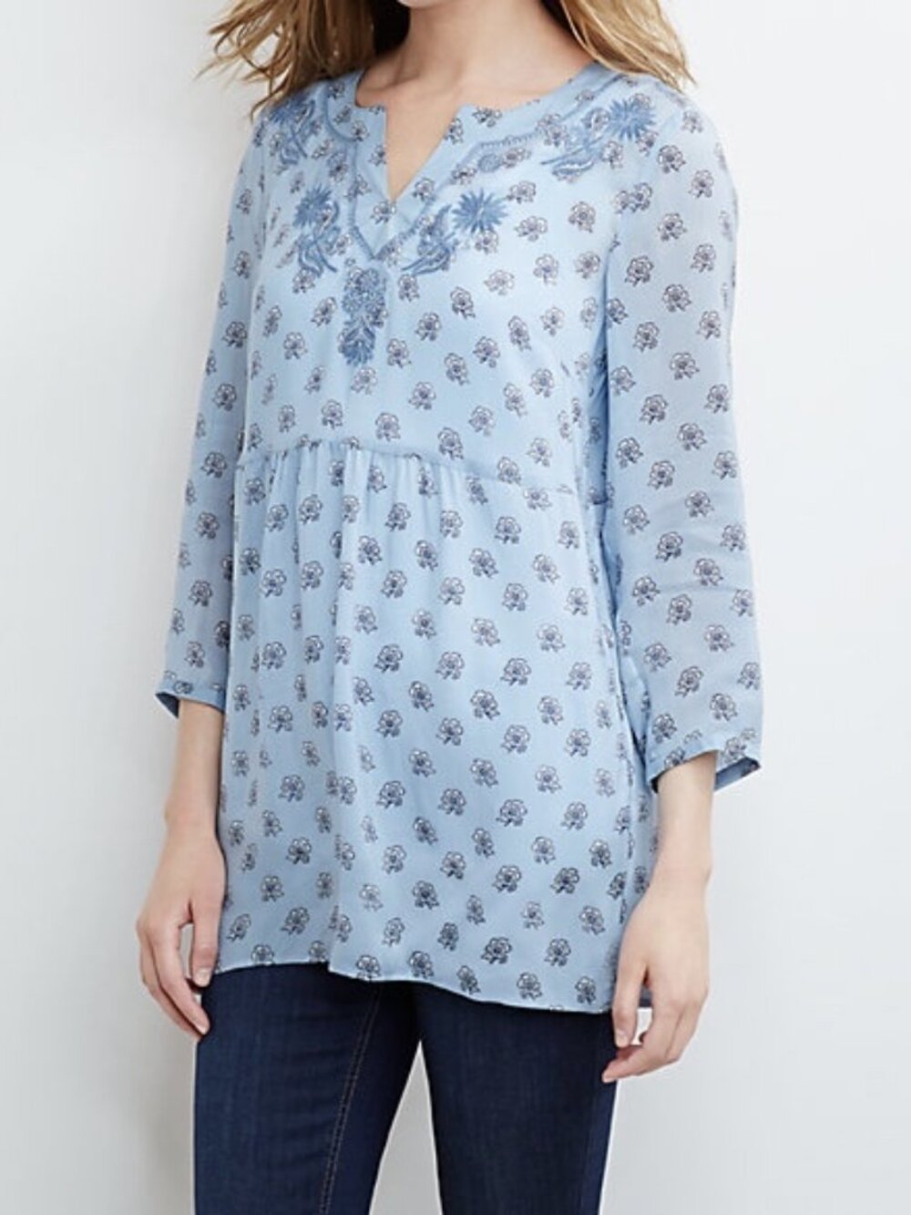 NWOT J.JILL Gossamer Tunic Cameo Blue Daisy Embroidered Blouse Size S